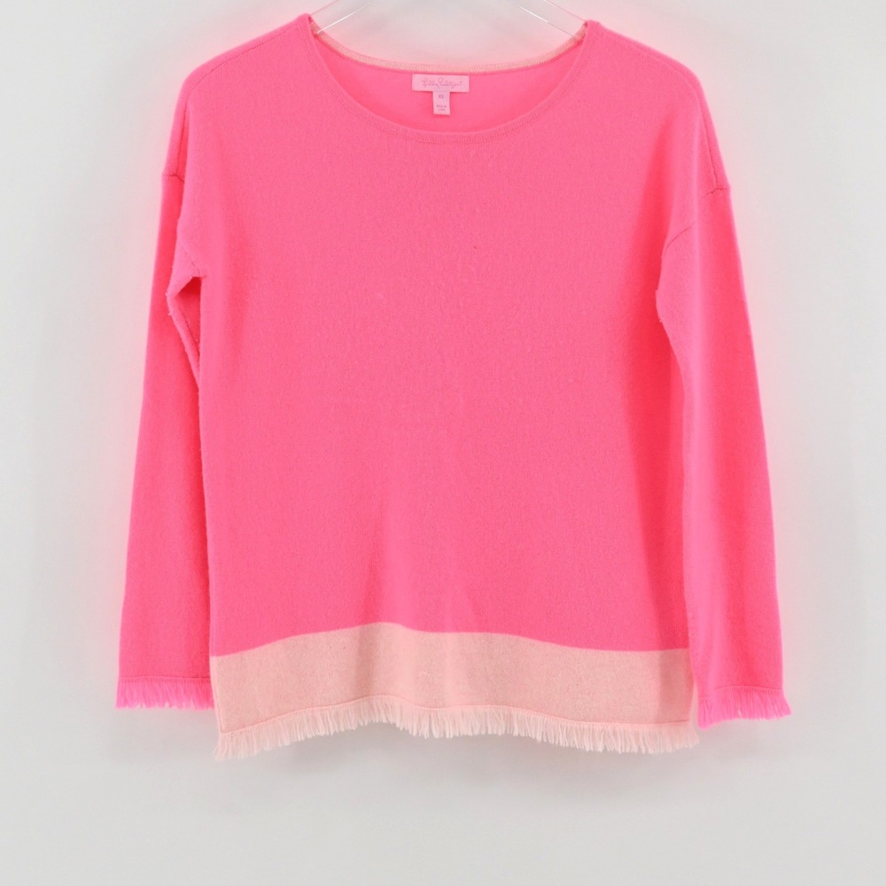 Lilly Pulitzer Fairfax Cashmere Sweater Womens Size XS Pink Colorblock Fringe